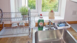 Une cuisine avec une fenêtre, un évier, un égouttoir et une plante en pot.