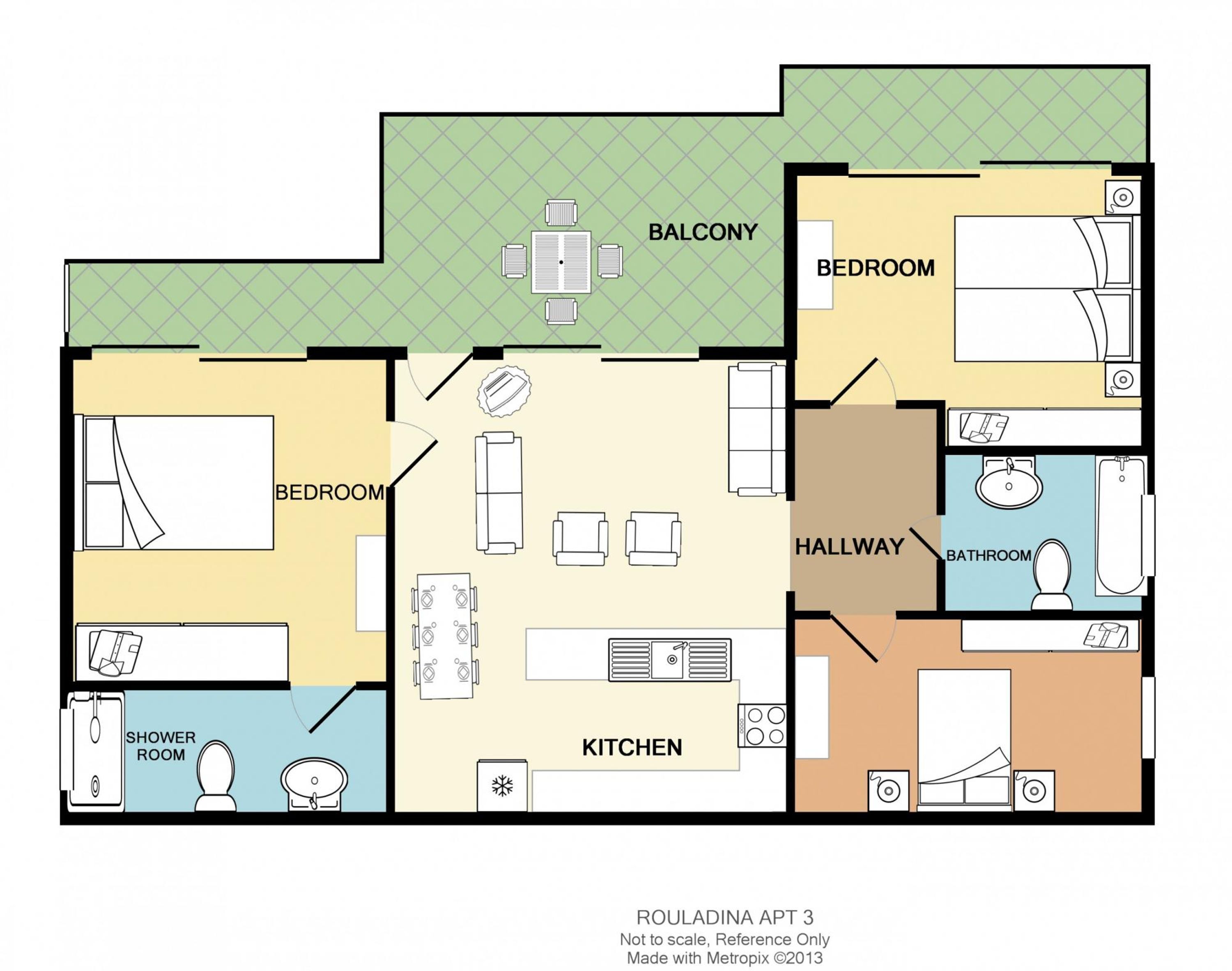 Plano de planta de un apartamento de tres dormitorios con balcón, cocina, baño y cuarto de ducha independiente.
