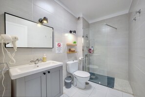 Shower, hair dryer, towels, toilet paper