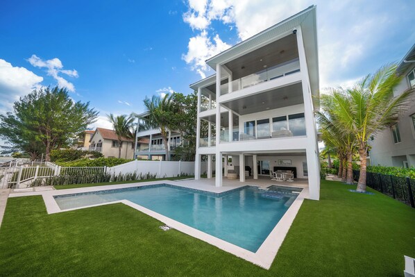 A modern two-story house with a swimming pool and a well-maintained lawn.