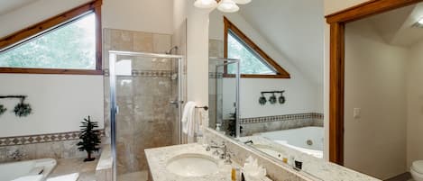 Combined shower/tub, jetted tub, hair dryer