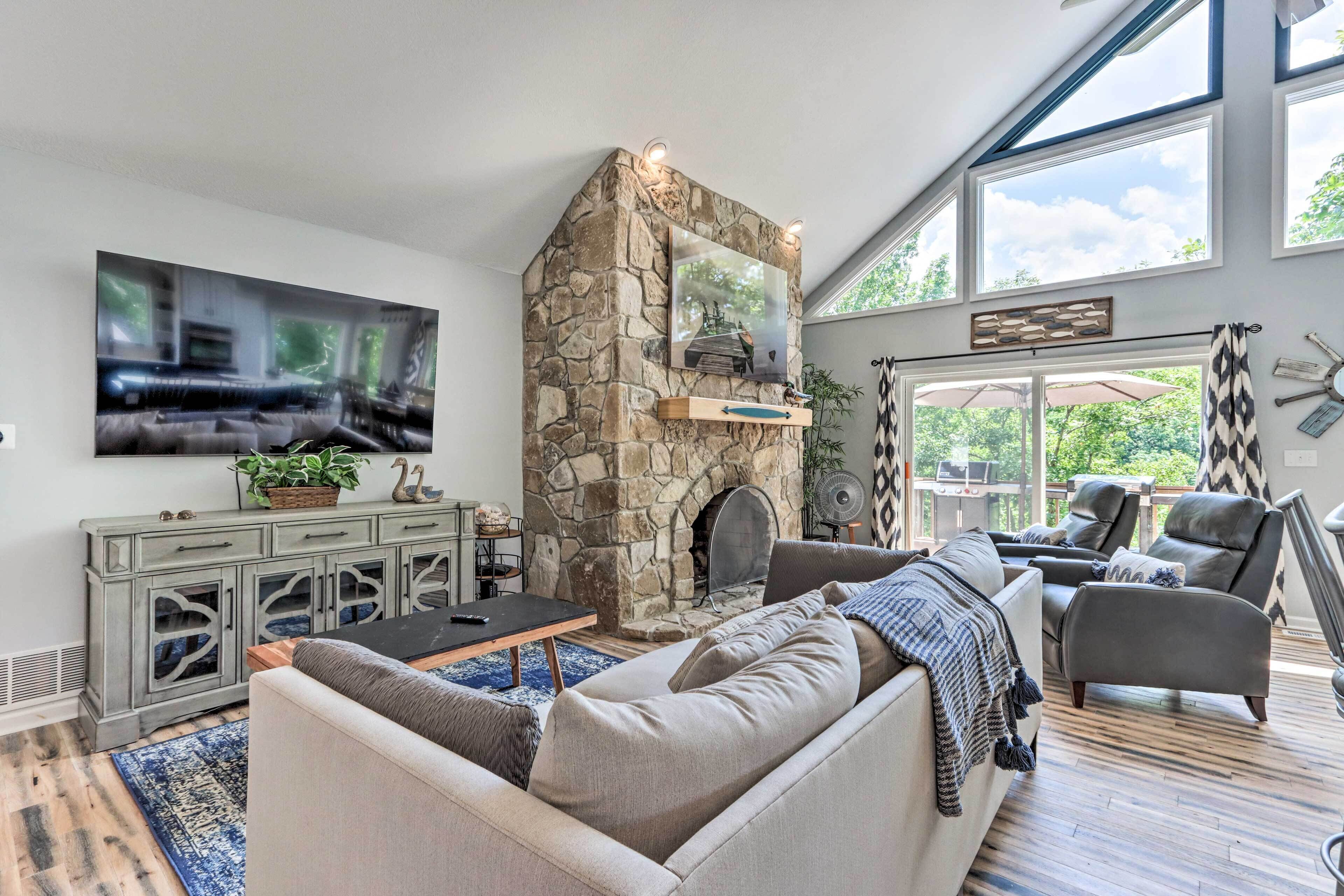 TV, fireplace, books