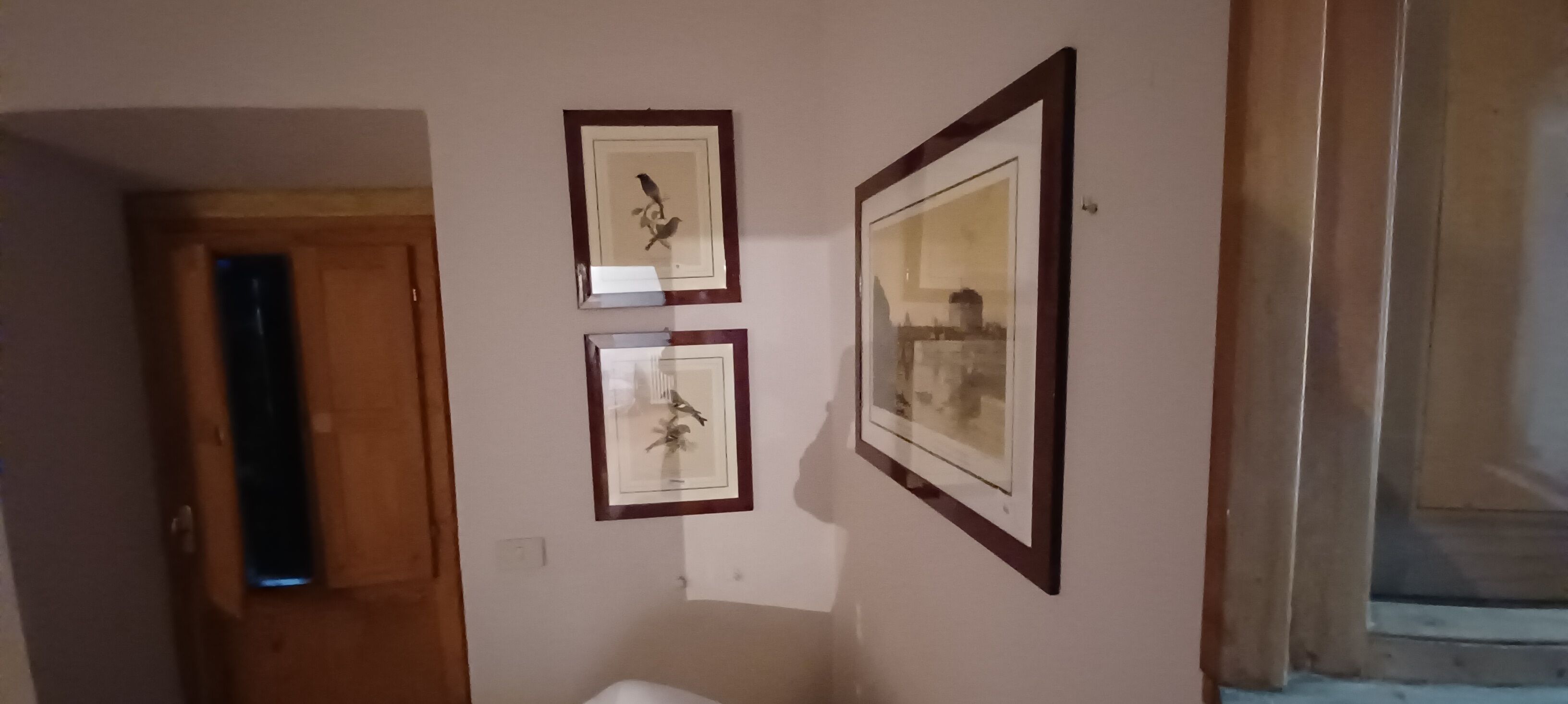 Een gang met ingelijste foto's aan de muur, een houten deur en een trap.