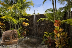 A tropical garden with a waterfall, a stone elephant statue, and various tropical plants.