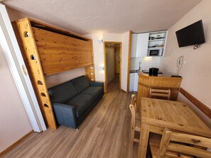 Un ambiente compatto con divano, tavolo da pranzo in legno e angolo cottura.