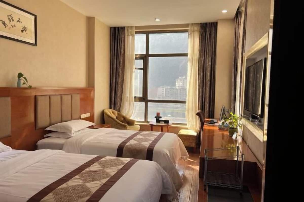 A hotel room with two beds, a TV, a chair, and a window with a view of buildings.