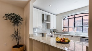 A kitchen with white cabinets, a granite countertop, a potted plant, and a fruit bowl. - Luxury Apartments with Rooftop & Jacuzzi (San Miguel de Allende)
