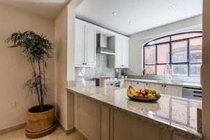 A kitchen with white cabinets, a granite countertop, a potted plant, and a fruit bowl.