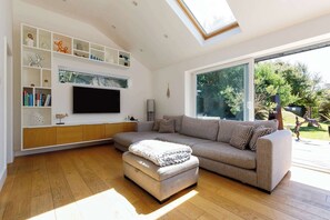 TV de tela plana, lareira, videogames, DVD player