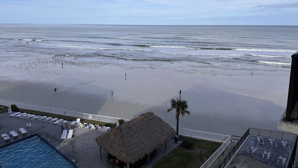 A beach view with a pool area, lounge chairs, and a thatched-roof structure.
