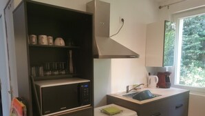 A compact kitchen with a microwave, oven, and a small sink. - Close to the countryside (Tornac)