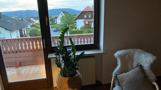 Habitación con vistas a una zona residencial, una planta en mimbre y una silla blanca con cojín.