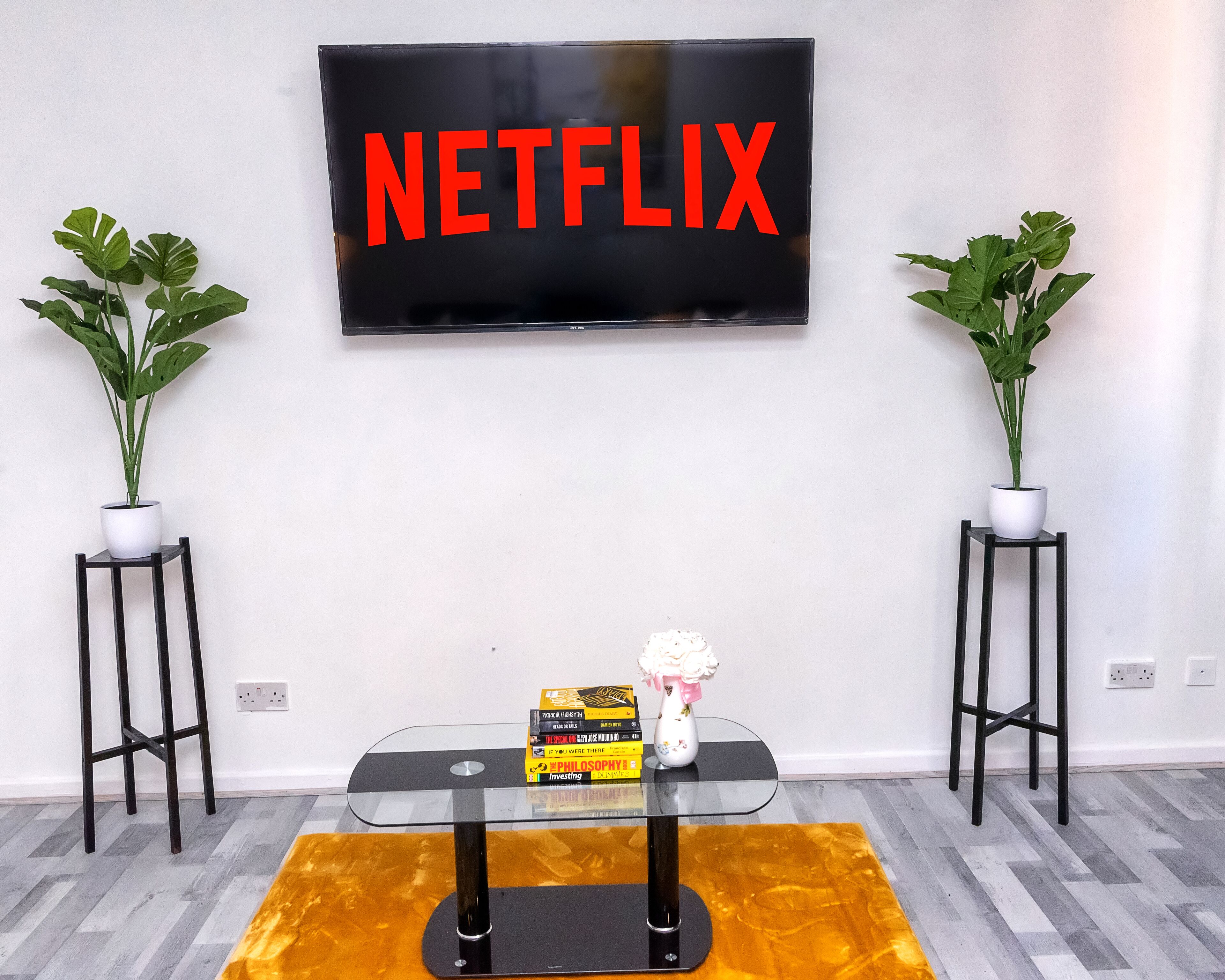 A living room with a flat-screen TV mounted on the wall displaying "NETFLIX" in red letters, a glass coffee table with books and a vase, two potted plants on side tables, and a wooden floor.