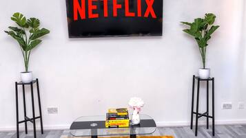 A living room with a flat-screen TV mounted on the wall displaying "NETFLIX" in red letters, a glass coffee table with books and a vase, two potted plants on side tables, and a wooden floor.