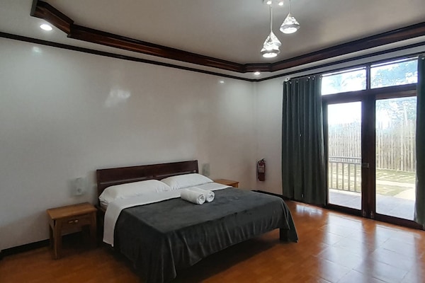 King size bed with blackout curtains drawn open.