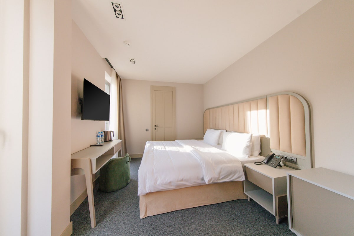 Camera d'albergo moderna con un letto grande, una scrivania con televisione a schermo piatto, un comodino con telefono e una finestra che offre luce naturale.
