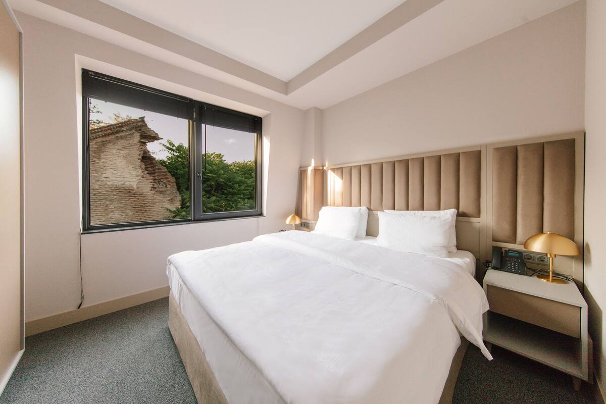 Camera d'albergo con un letto grande, un comodino con una lampada e una finestra che dà su un edificio e del verde.