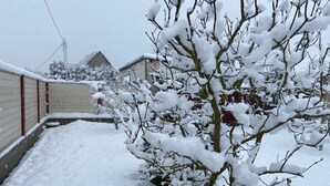 A snow-covered pathway leading to a building with a red fence. - Modern 4-star apartment - stylish comfort, relaxation for people and dogs! (Weißenfels)