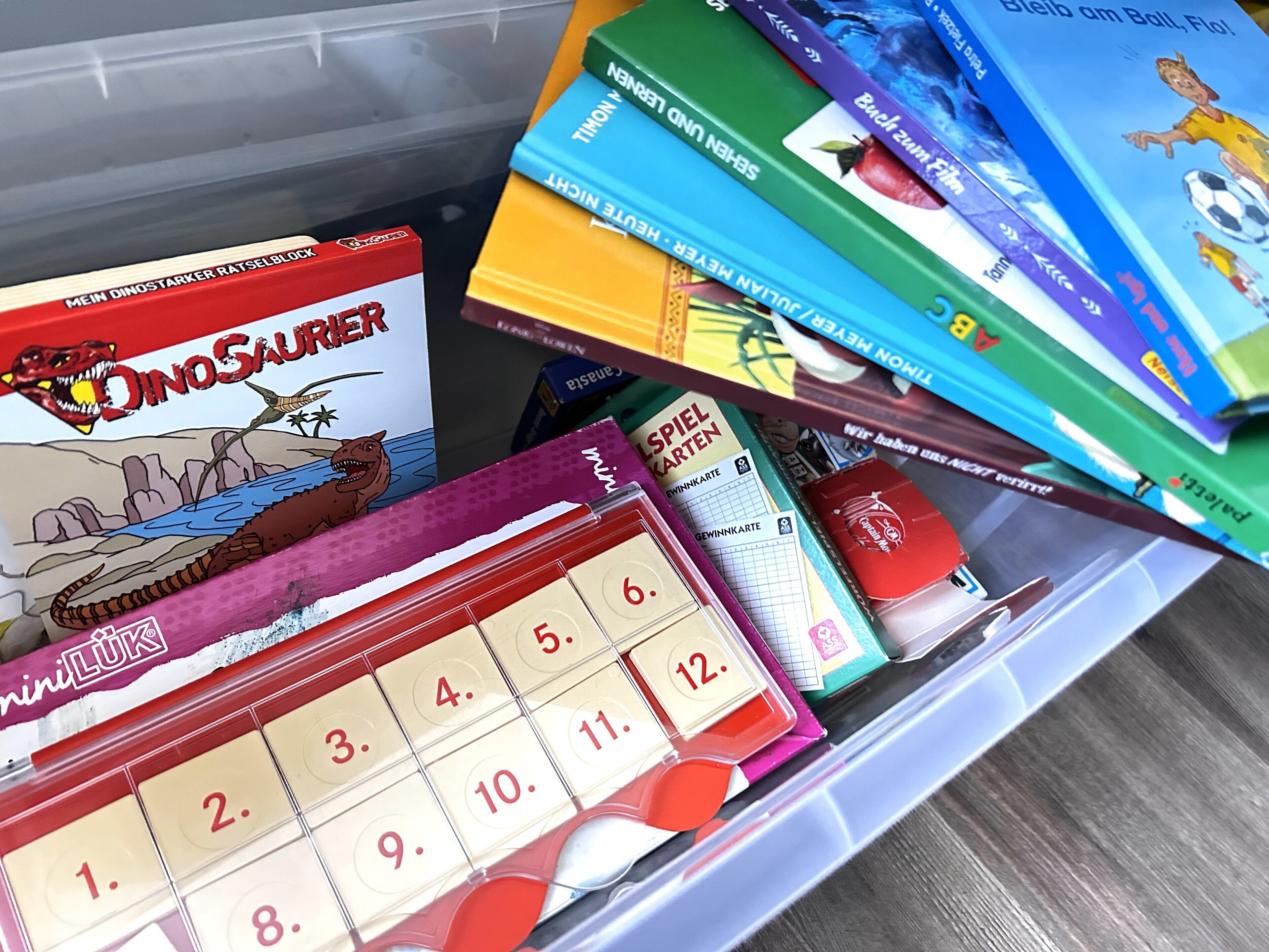 Un assortiment de livres et un calendrier, le tout rangé dans une boîte en plastique.