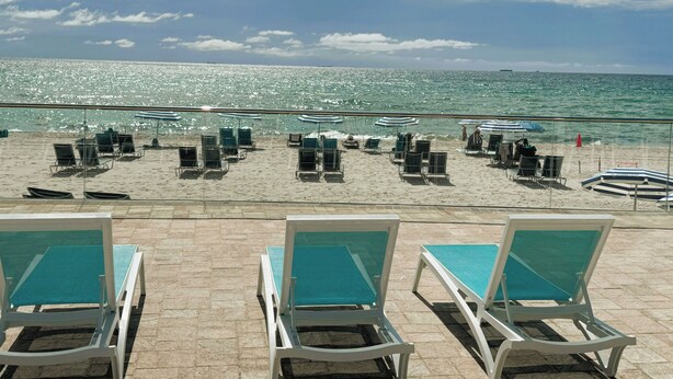 Une vue sur la plage, avec des rangées de chaises longues et de parasols, un ciel dégagé et l’océan en arrière-plan.