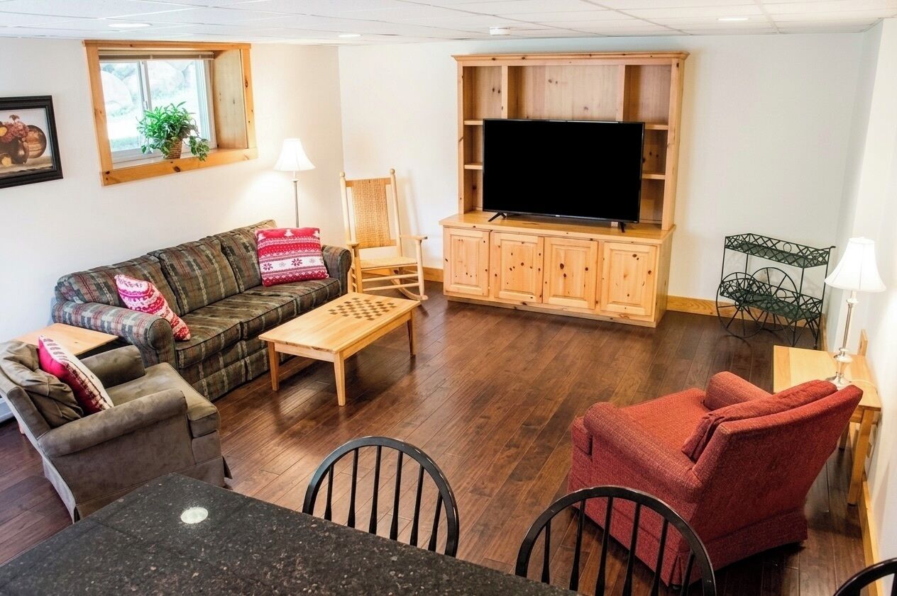 A furnished living room with a sofa, a red armchair, a wooden table, a television on a wooden cabinet, and a window with a plant.