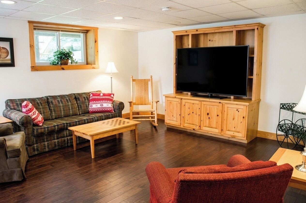 A living room with a sofa, a television on a wooden cabinet, a wooden floor, and a window with a plant.