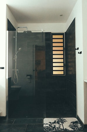 Shower, towels, toilet paper