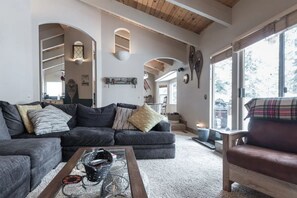 Smart TV, fireplace, books, stereo