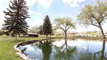 Un parc paisible avec un étang, entouré d’arbres majestueux et agrémenté d’un petit pavillon.