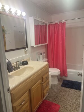 A bathroom with a vanity, sink, mirror, and a shower curtain.