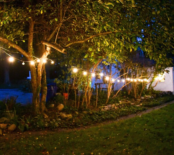 Un jardín con luces colgantes, árboles y un camino.