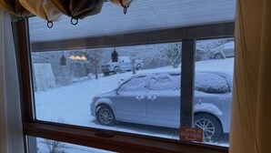 A view through a window with a view of a snowy street outside. - Cozy Lake House: Ark Encounter, Kincaid Lake, KY- Fishing, Scenic Get-Away (Falmouth)
