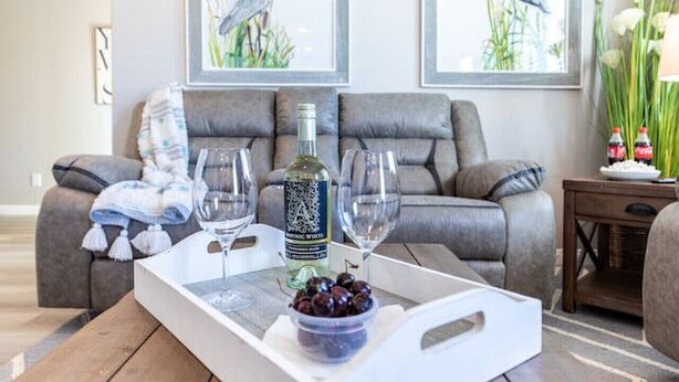 Un salon moderne avec une table basse en bois, une bouteille de vin blanc et un bol de cerises. Deux tableaux encadrés représentant des oiseaux sont accrochés au mur.