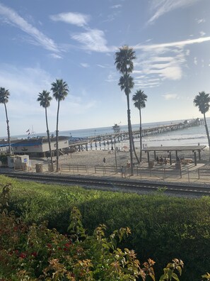 A beach with palm trees, a pier, and a train track in the foreground. - Cozy condo for rent 3 minutes from the beach! (San Clemente)