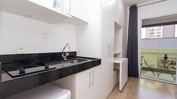 Fridge, microwave, cookware/dishes/utensils