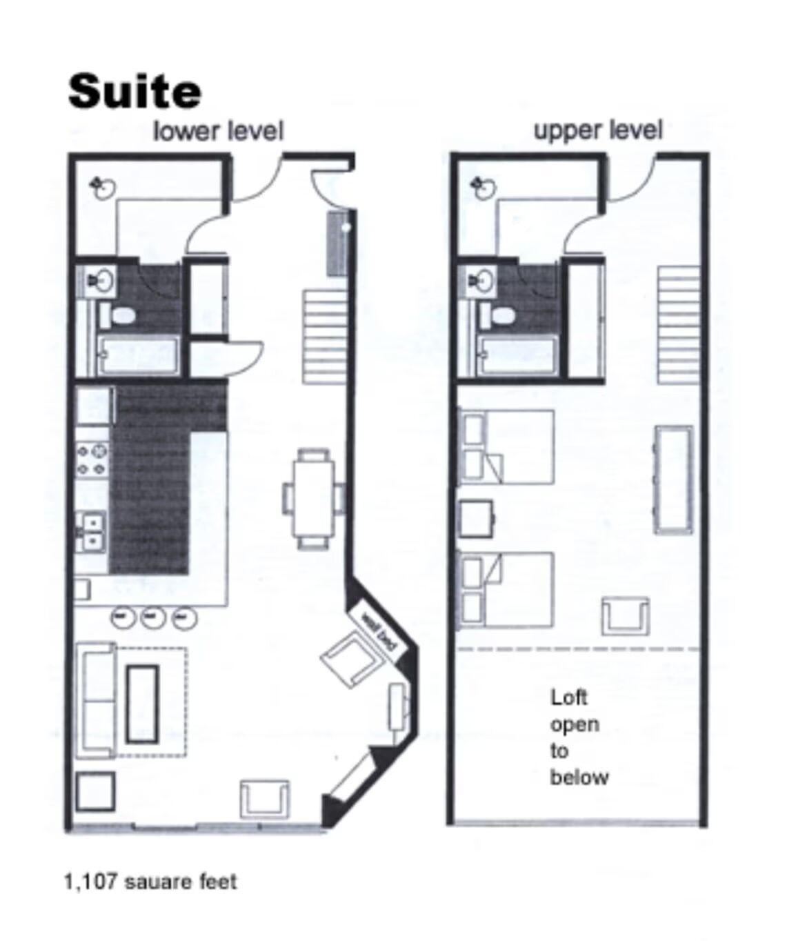 Ein Apartment mit Küche, Wohnbereich und zwei Schlafzimmern, insgesamt 1.107 Quadratfuß.