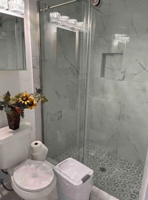 Bathroom features a glass-enclosed shower, white toilet, and a tiled floor.