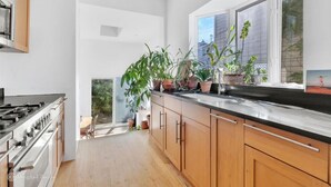 A modern kitchen with wooden cabinets, a black countertop, and a large window with potted plants. - Gorgeous two story private home and garden 1/2 a block from McGolrick Park  (Brooklyn)