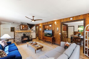 TV, caminetto, libri