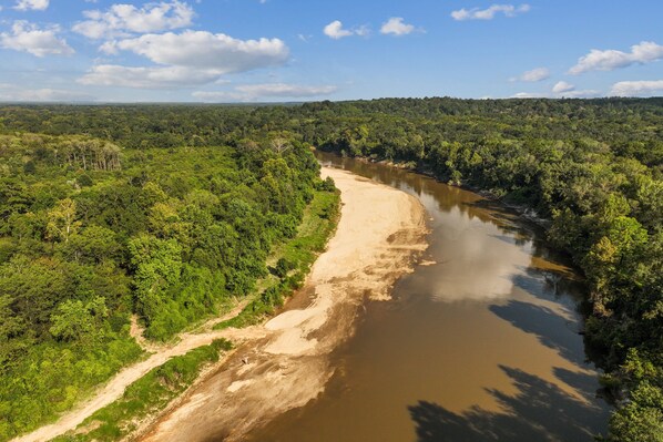A river winding through a dense forest with a dirt path alongside. - Whiskey on the River (Petal)