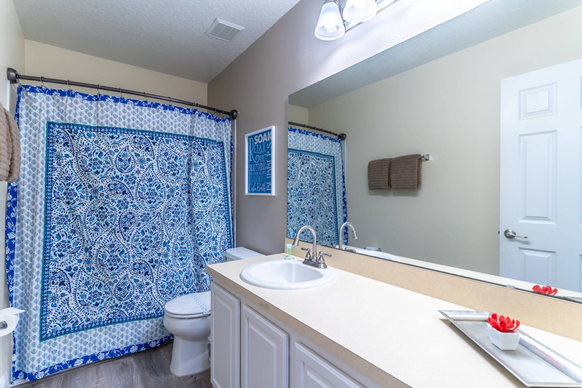 A bathroom with a white sink, a mirror, and a blue patterned shower curtain.