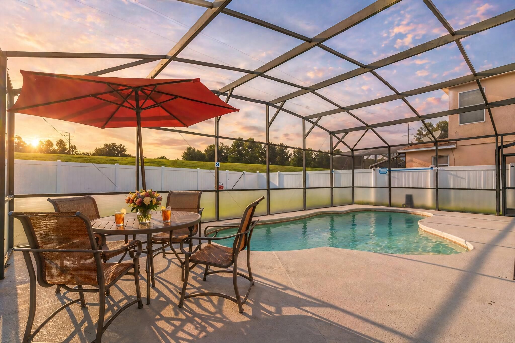 A covered outdoor area with a pool, a table with chairs, and a red umbrella.