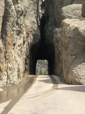 Un tunnel aux parois rocheuses brutes, traversé par une route pavée.