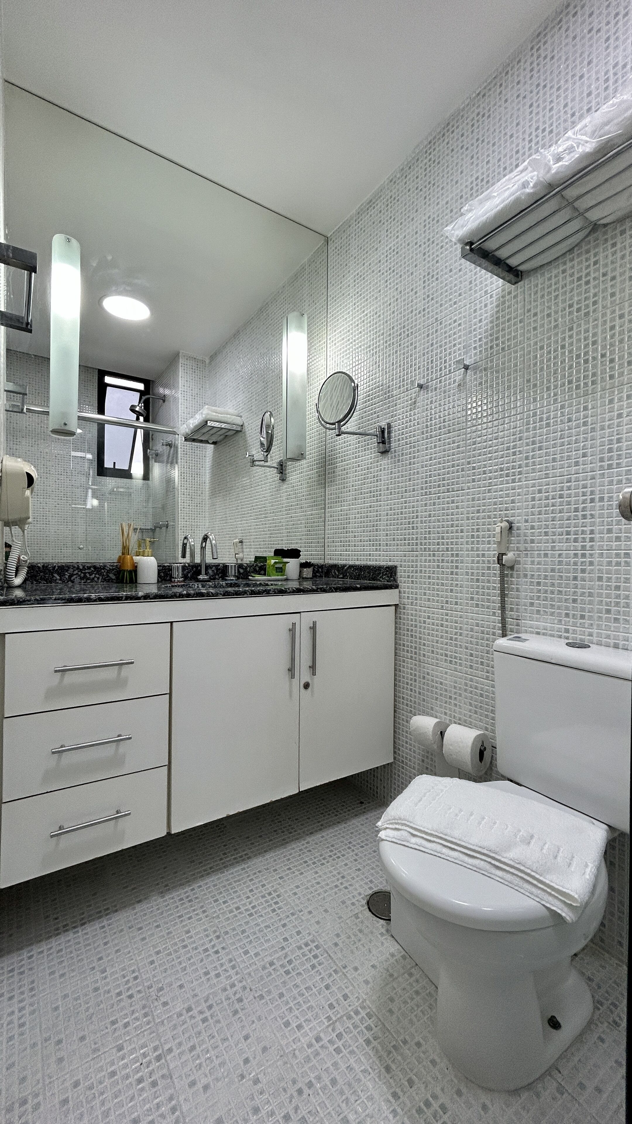 A modern bathroom with a white toilet, a sink with a mirror, and a shower area.