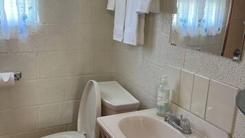 Ein Badezimmer mit Toilette, Waschbecken und Handtuchhalter. Ein Schild weist darauf hin: "BITTE keine Feuchttücher entsorgen".