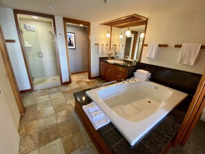 Shower, jetted tub, hair dryer, towels