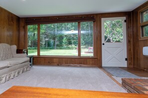 TV, fireplace, foosball, books