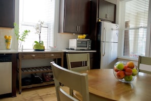 A kitchen with dark cabinets, a microwave, a refrigerator, a wooden table with a bowl of fruit, and a window with blinds.