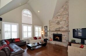 Smart TV, fireplace, DVD player, stereo