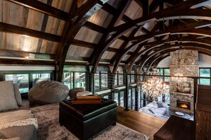 TV, fireplace, books, offices